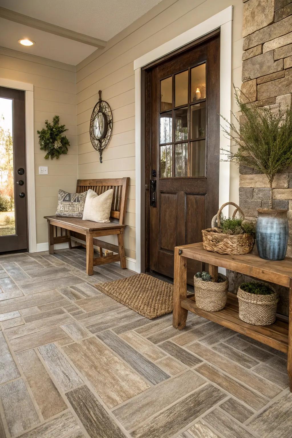 Wood-look tiles offer a warm, inviting entrance with the practicality of tile.