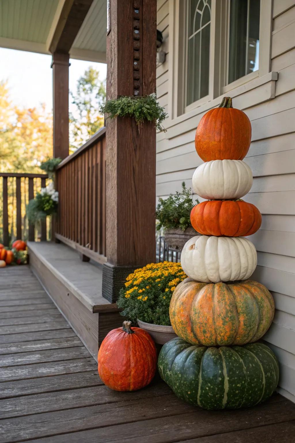 A stack of pumpkins creates a stunning focal point.