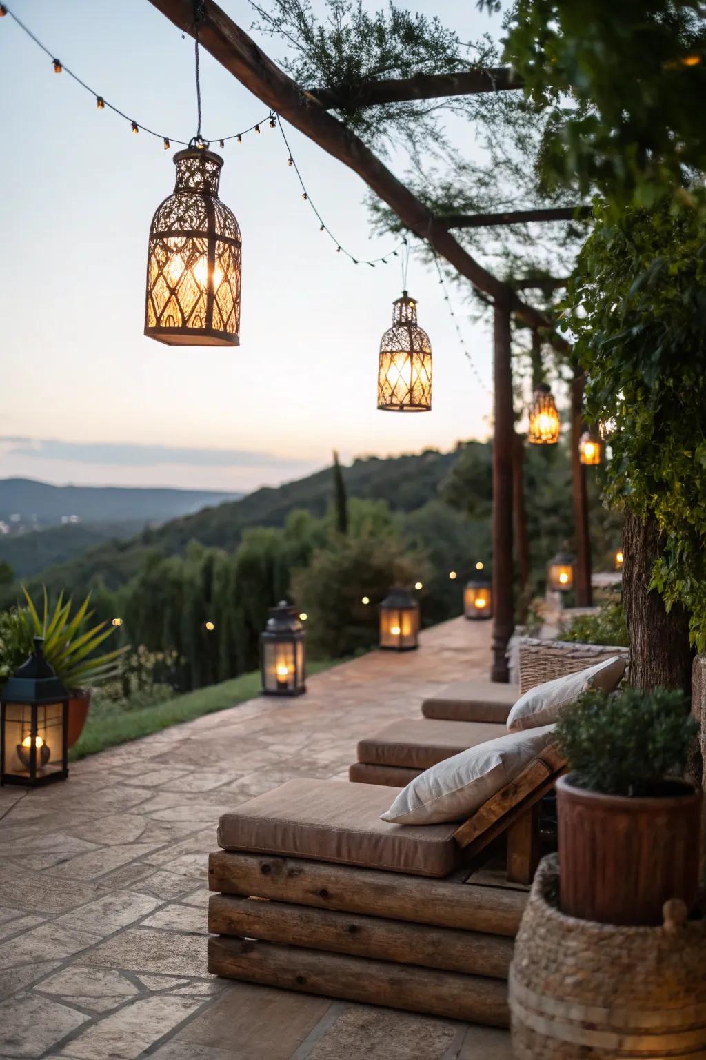 Hanging lanterns bring vintage charm to this cozy outdoor patio.