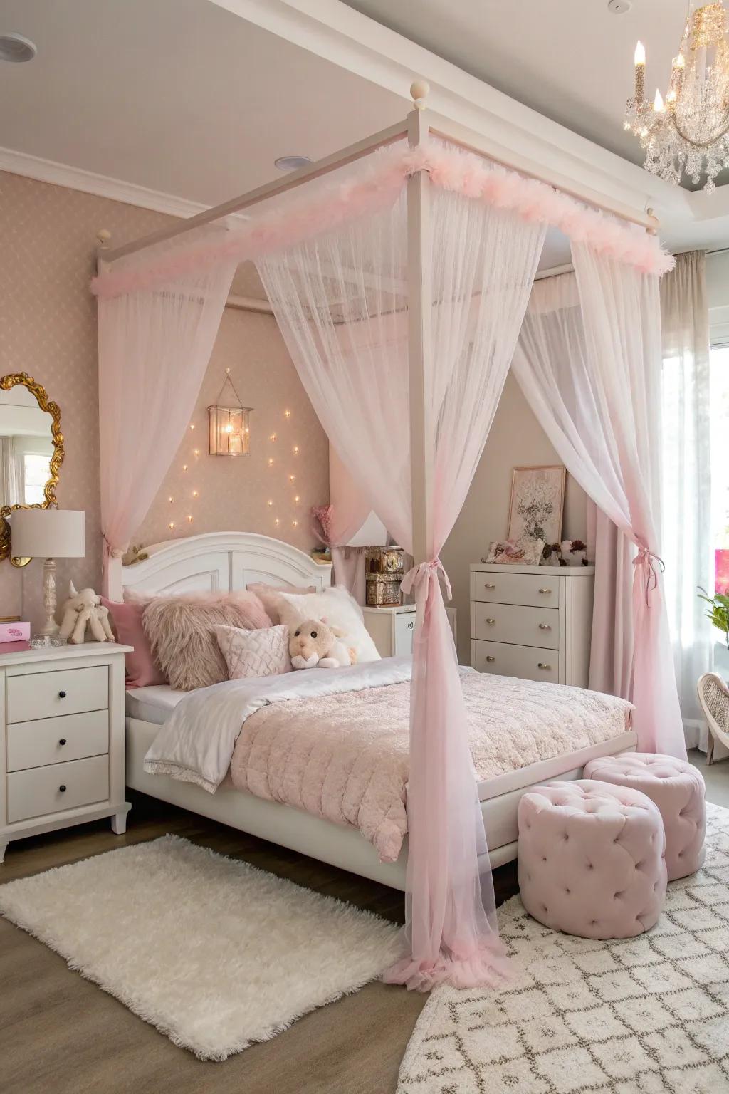 A dreamy canopy bed with sheer pink drapes in a girly bedroom.