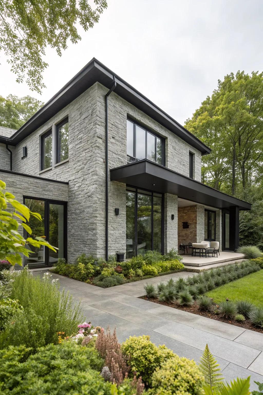 A modern home showcasing textured grey stone and black trim, set against a lush garden backdrop.