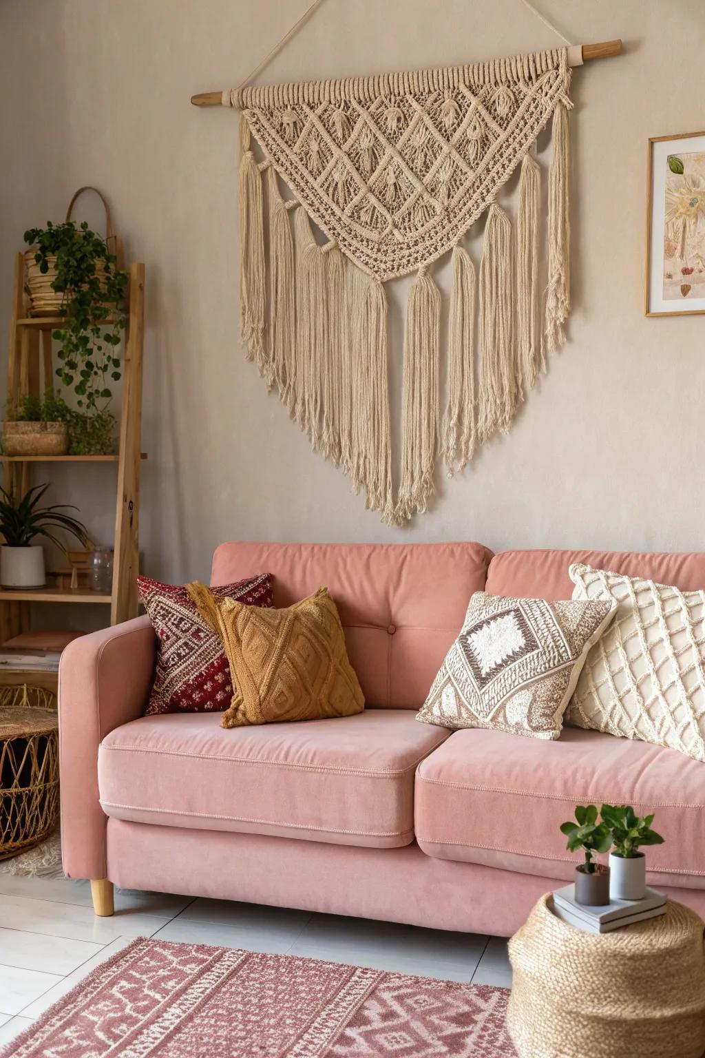 Macrame wall art adds texture and a handcrafted touch to the living room.