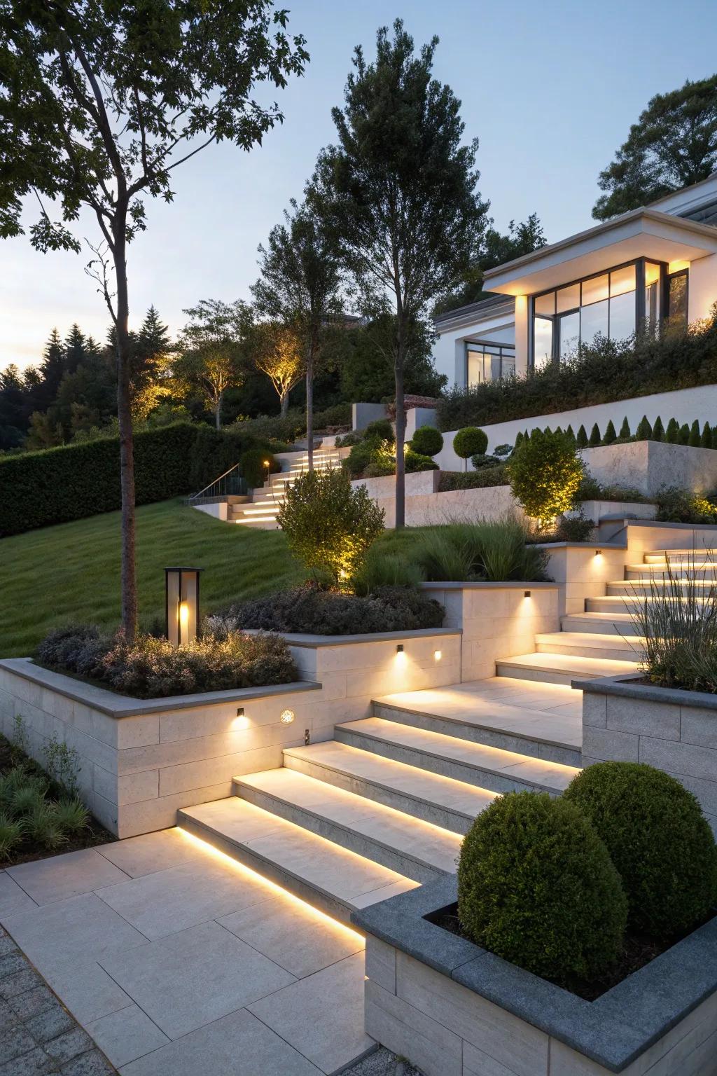 Sidelights providing even illumination and a modern aesthetic to outdoor steps.