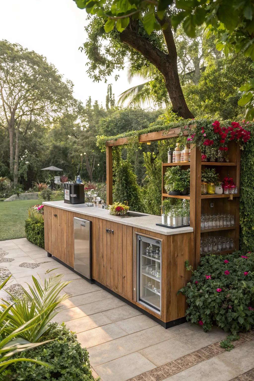 An inviting L-shaped outdoor bar amid a lush garden.