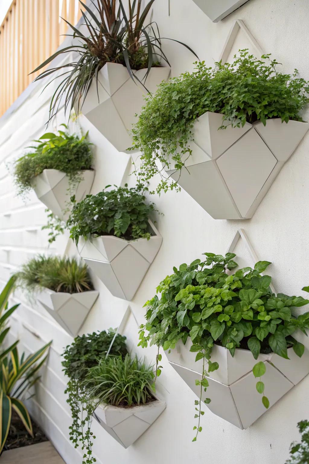 Geometric planters offer a modern twist to vertical gardening.