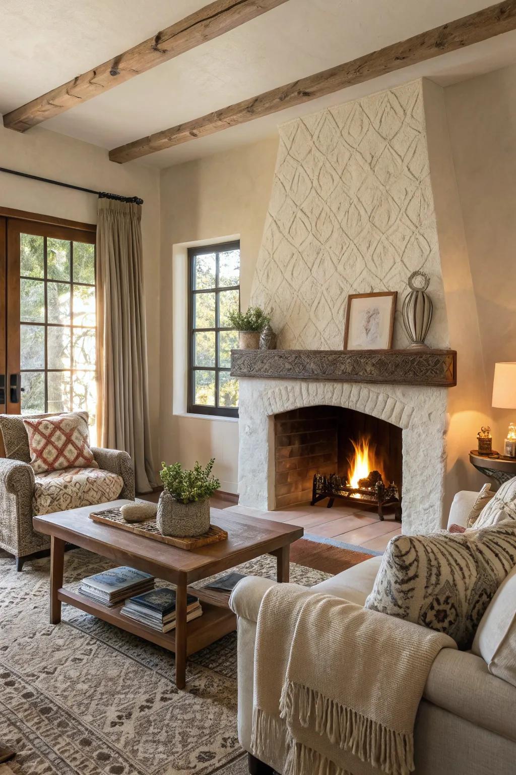 Texture adds depth and interest to a plaster fireplace.