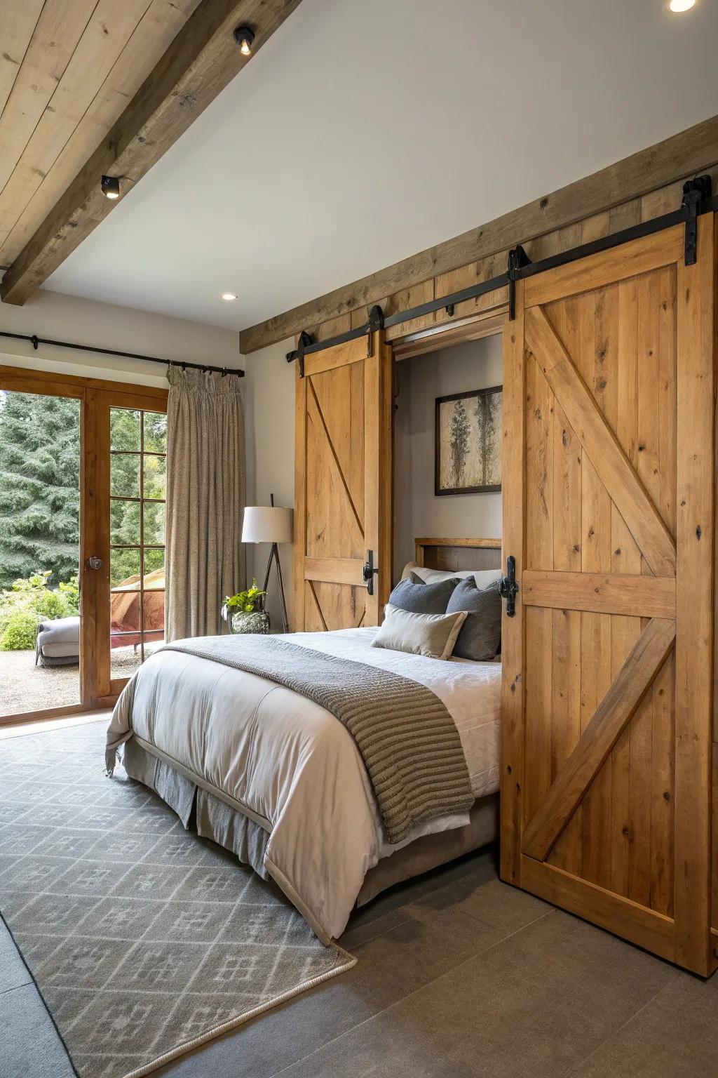 Barn doors offer a practical and stylish rustic touch to any bedroom.