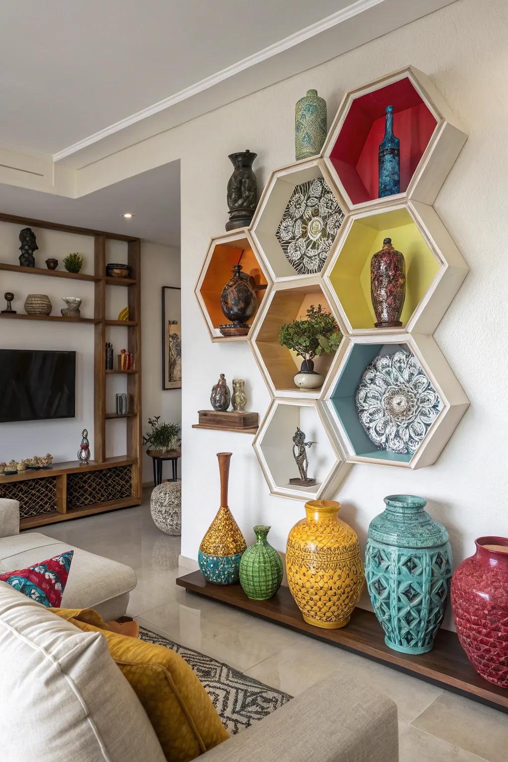 Geometric shelves add a playful element to any space.