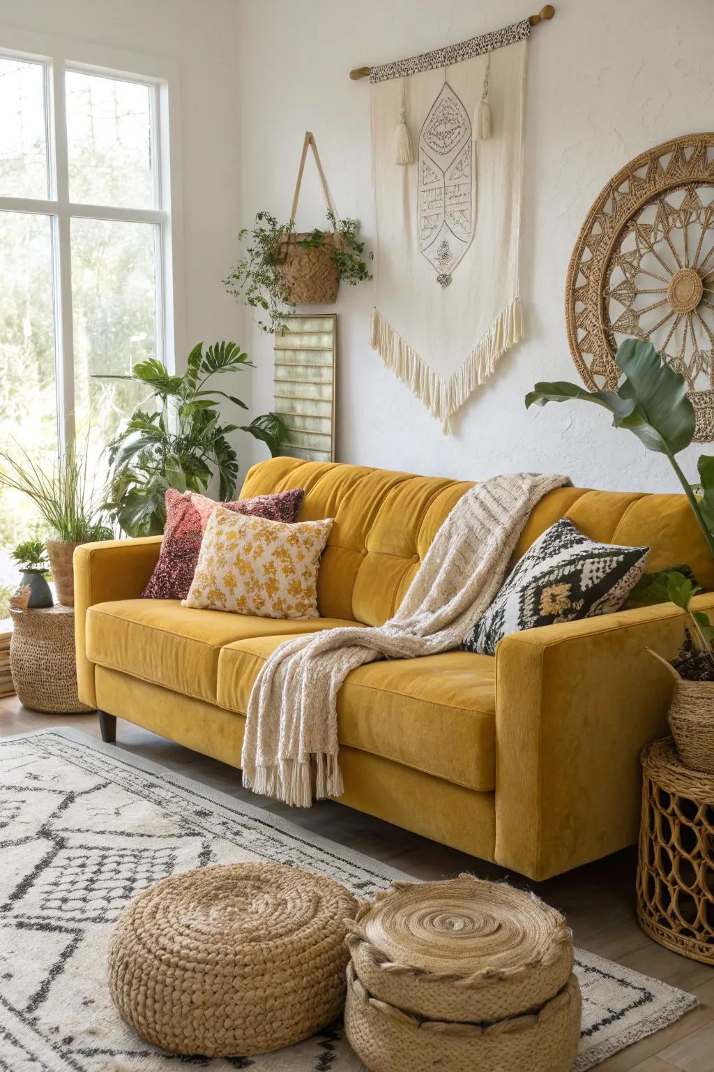 A mustard yellow velvet couch serves as a luxurious focal point in a boho-inspired living room.