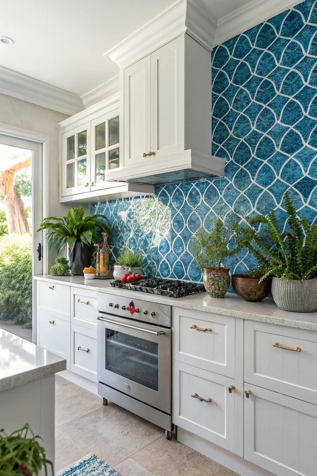 A bold blue mosaic backsplash brings vibrant energy to the kitchen.