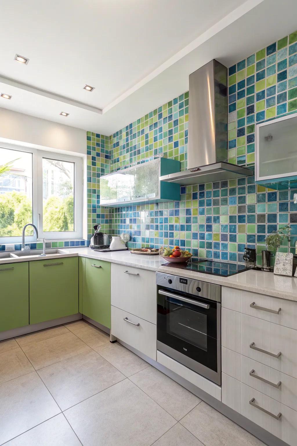 A vibrant mosaic backsplash brings life to the kitchen.