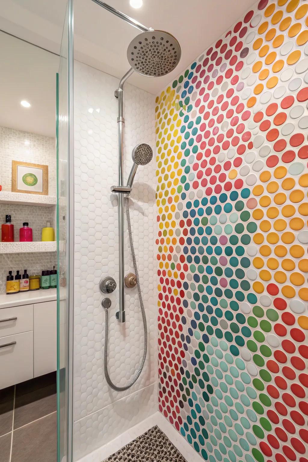 Colorful penny round mosaics add a playful touch to this shower.