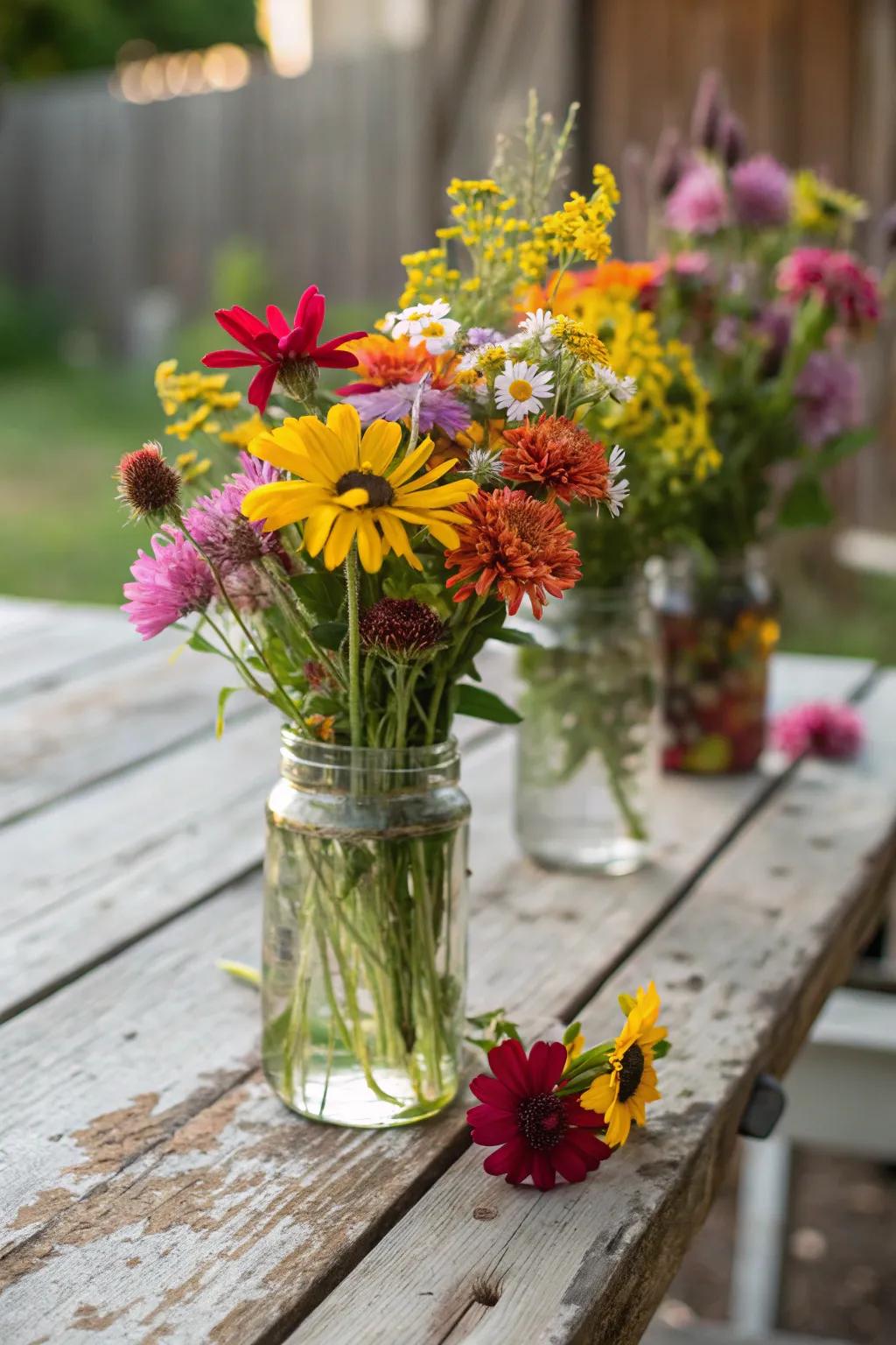 Rustic mason jars filled with wildflowers add charm to any Mother's Day table.