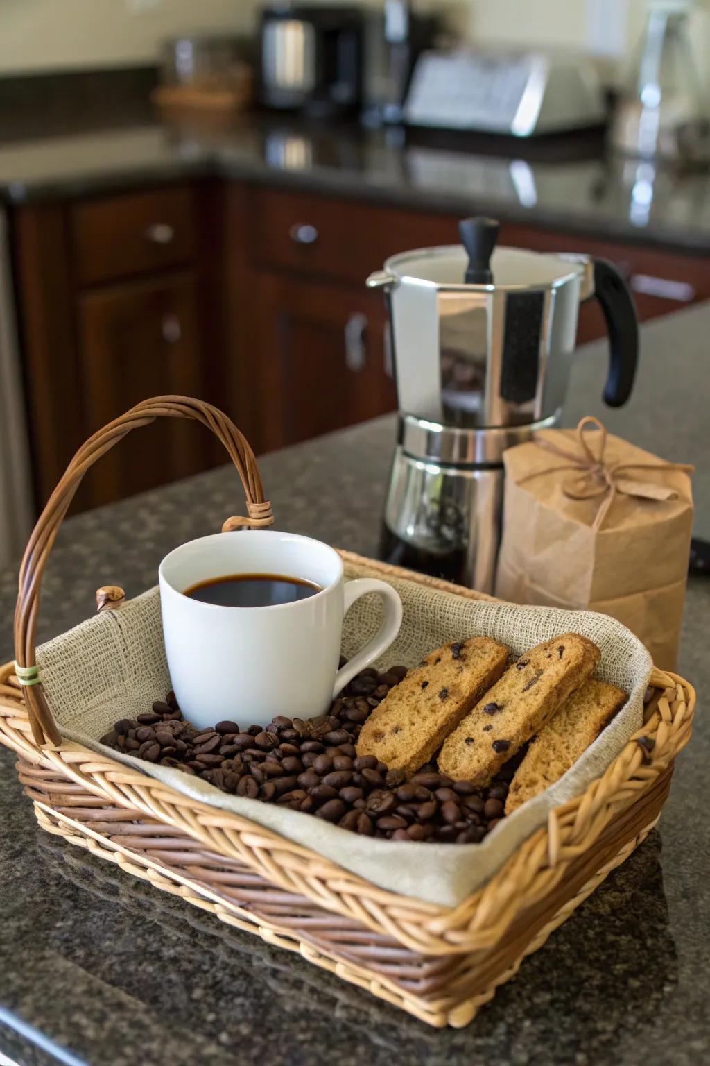 A delightful coffee lover's basket for the mom who needs her caffeine fix.