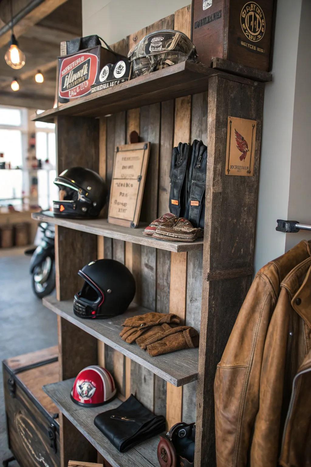 Wooden shelves add a classic touch to gear storage.