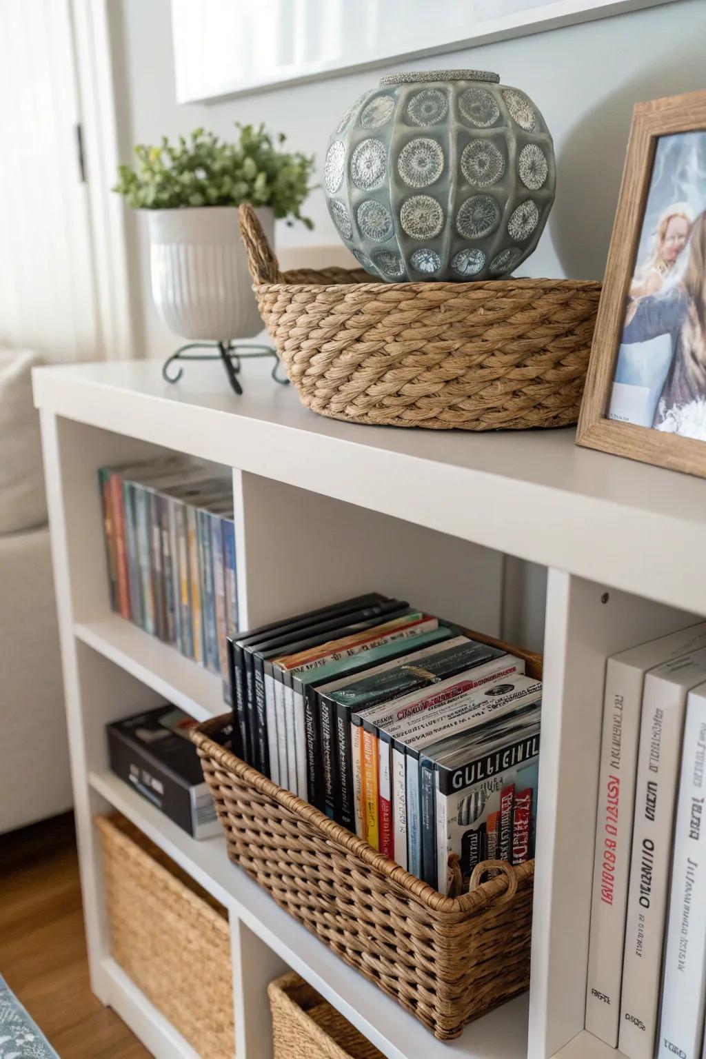 Slim DVD cases stored neatly in a basket on a stylish bookshelf.