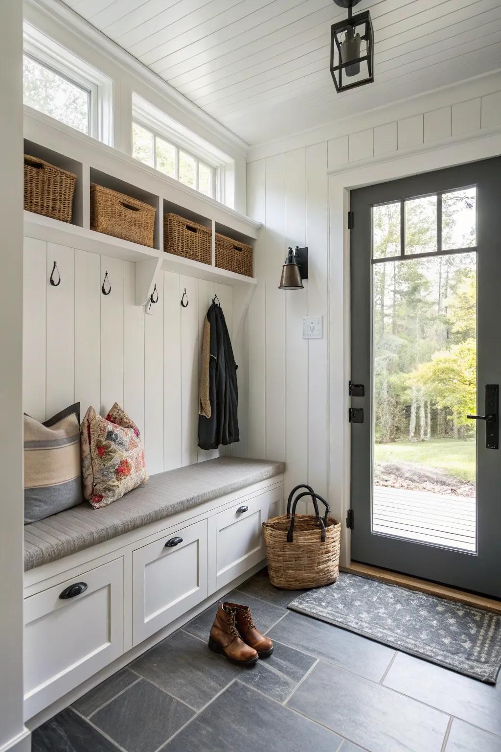 A floating bench optimizes small mudroom spaces.