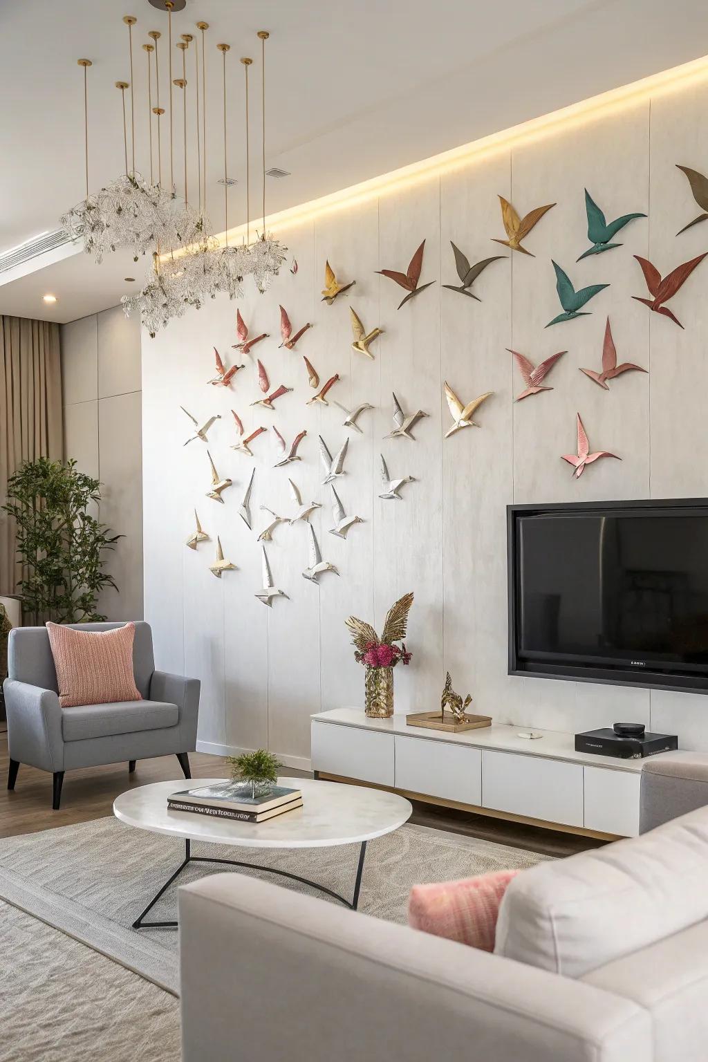 Origami cranes elegantly cascade down the wall, adding a serene Japanese touch.