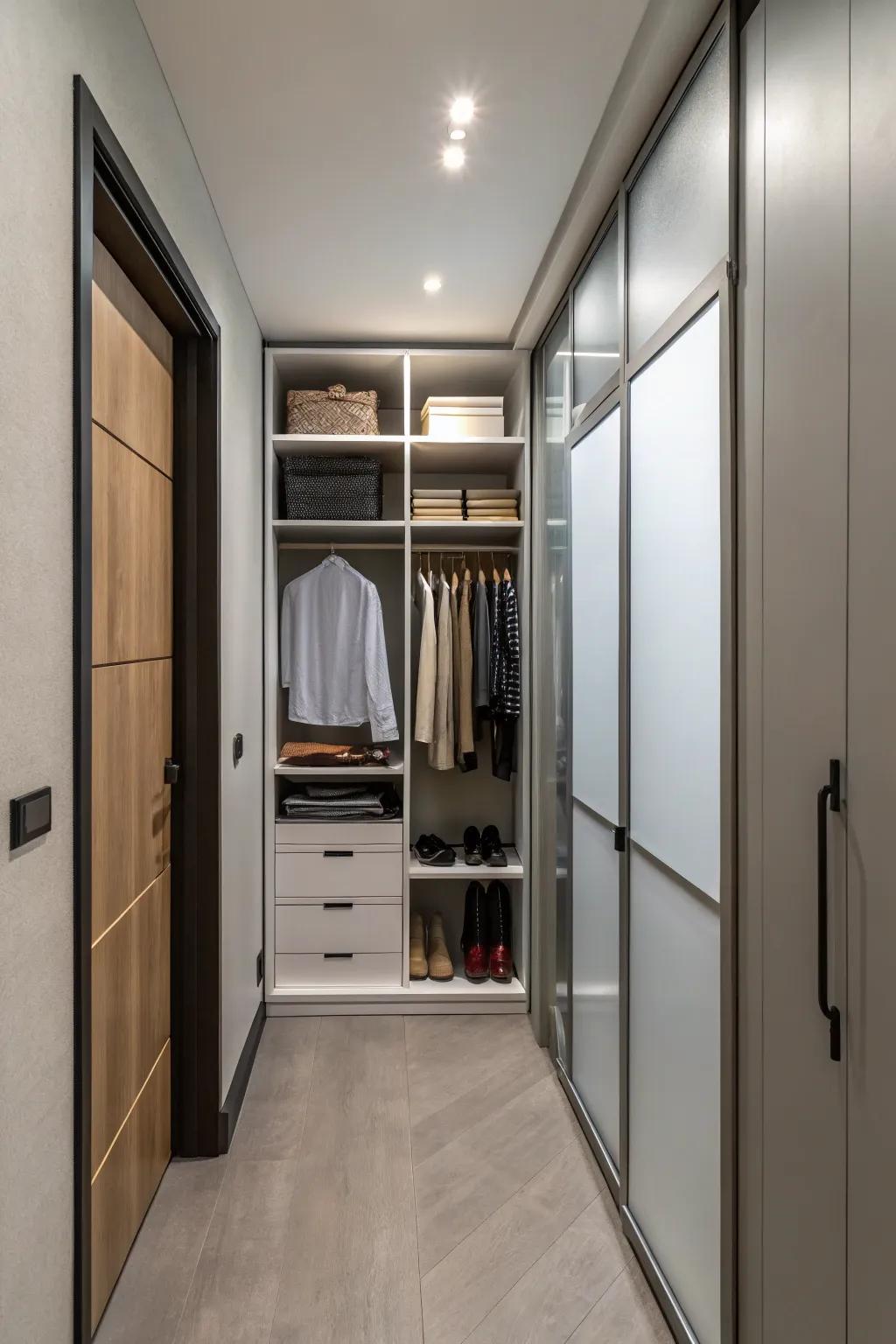 Sliding doors save space and enhance the closet's aesthetic.