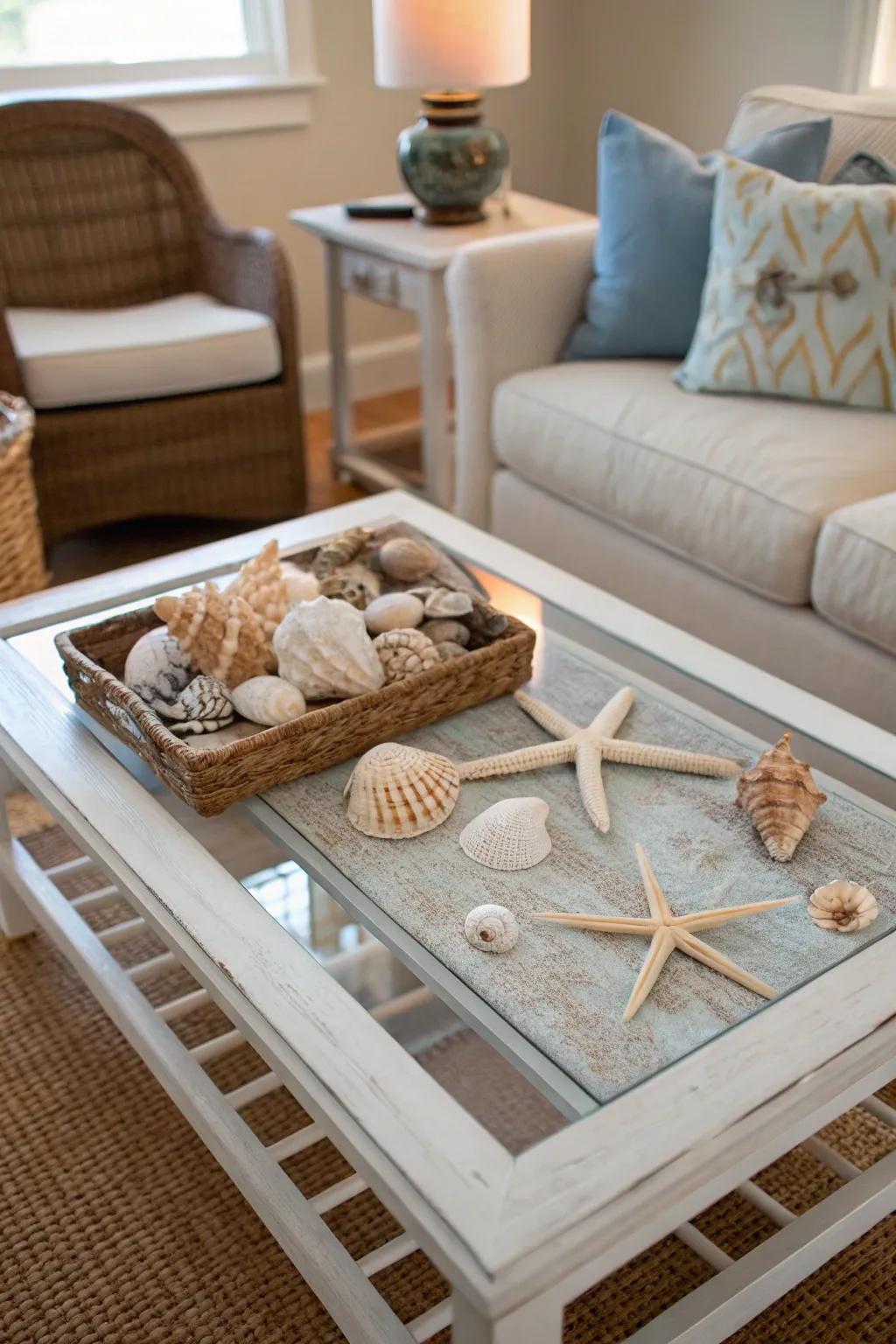 Seashells and starfish add a natural coastal touch to your living space.