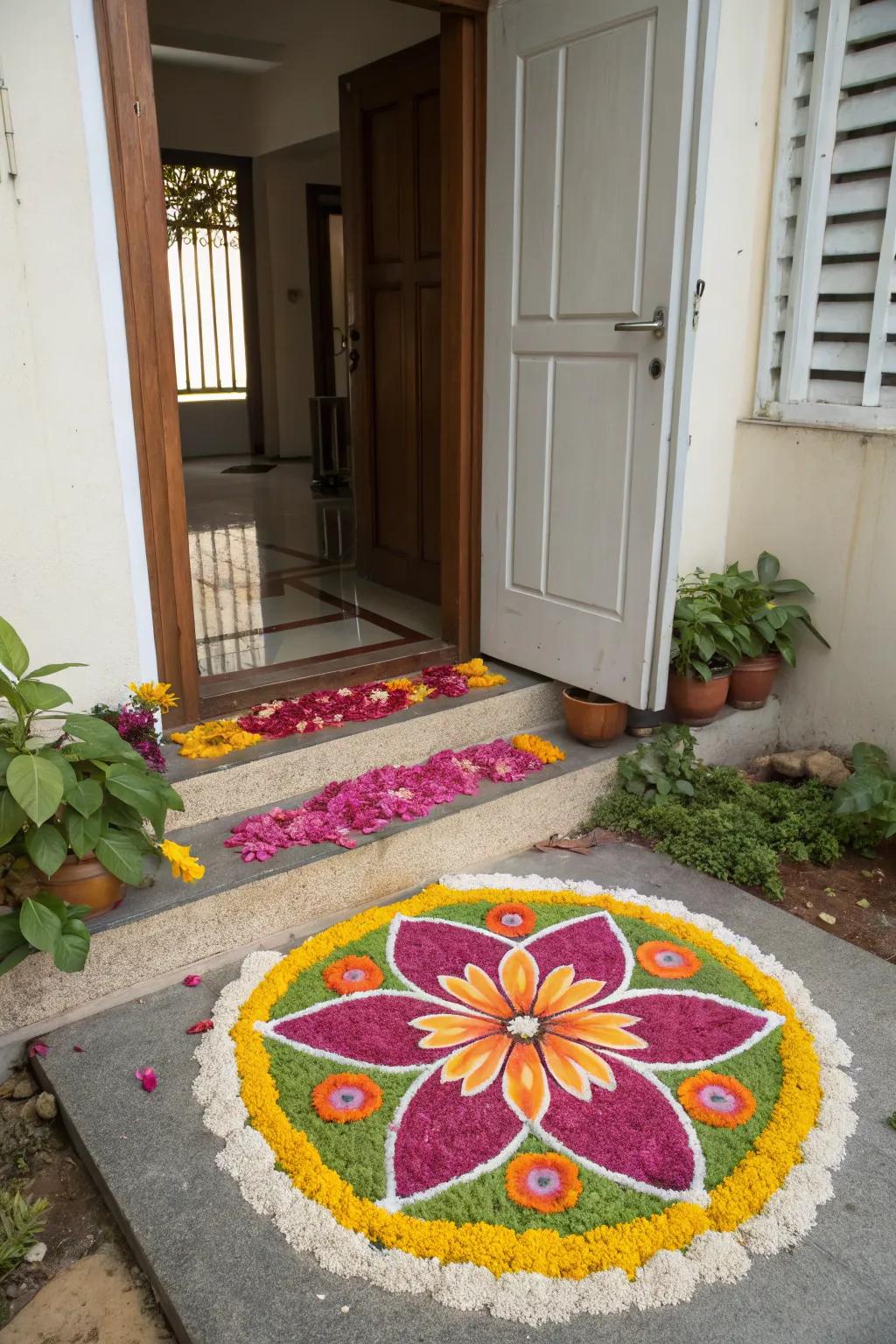 A stunning rangoli design crafted with flower petals at the entrance.