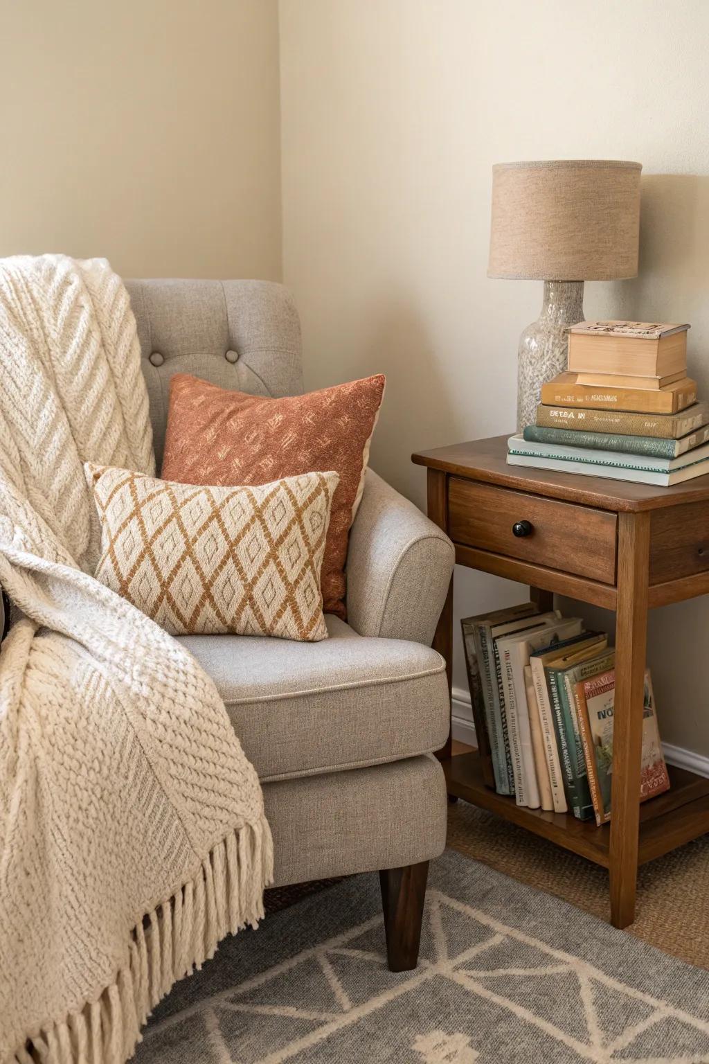 Textures add dimension to a neutral-toned reading nook.