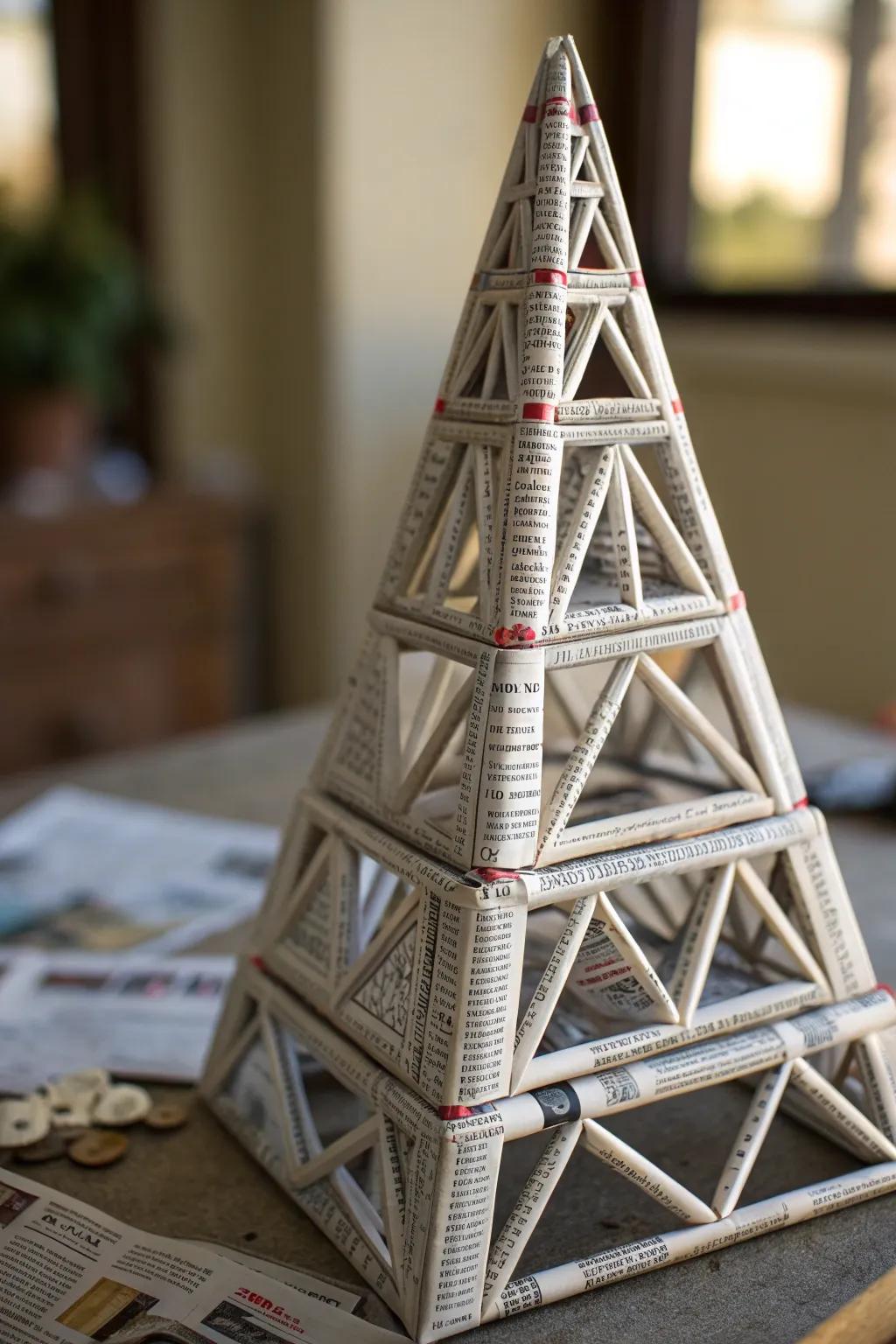 Master the art of stability with a triangular foundation: the cornerstone of every impressive newspaper tower.