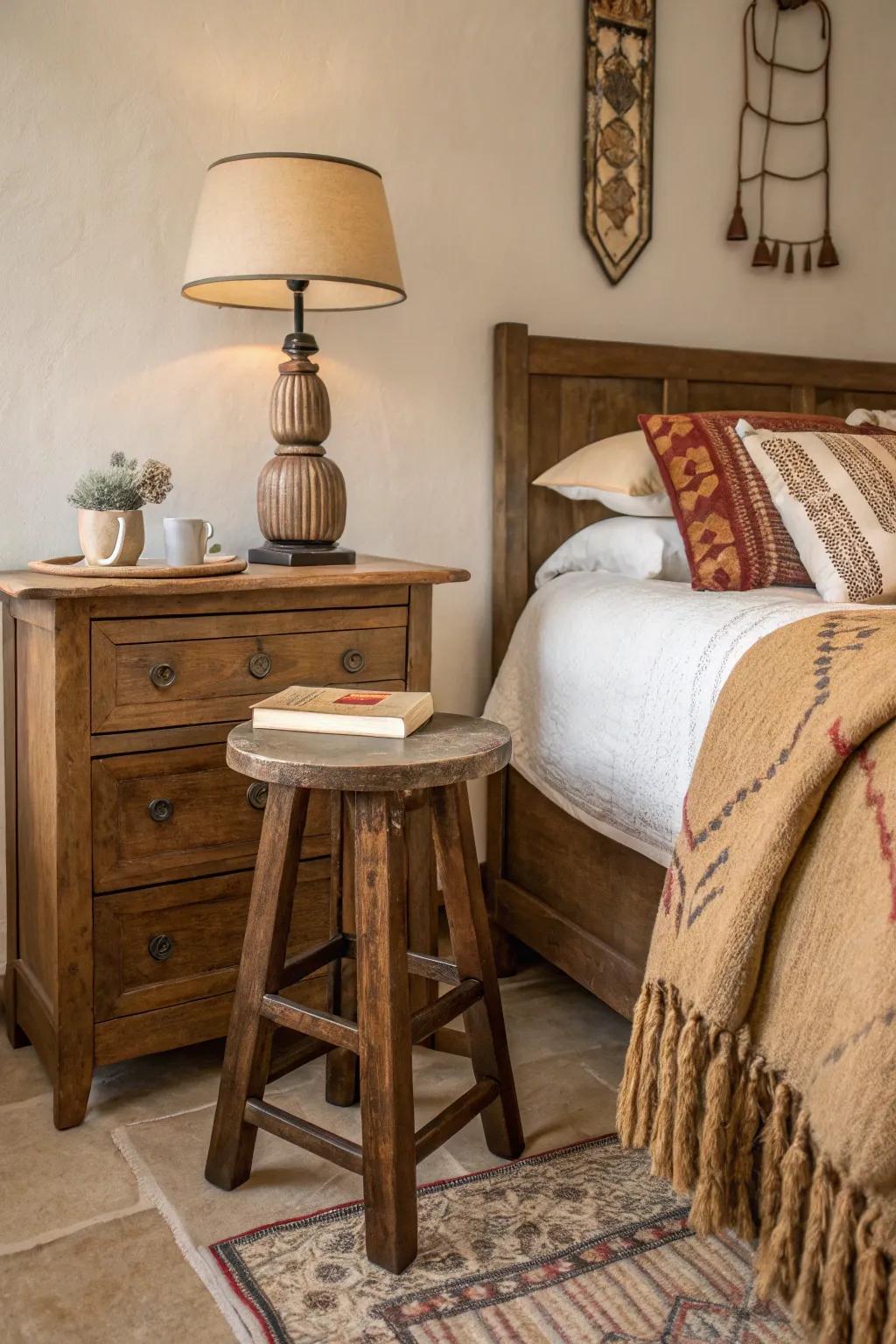 A vintage stool repurposed as a nightstand, adding rustic charm to the bedroom.