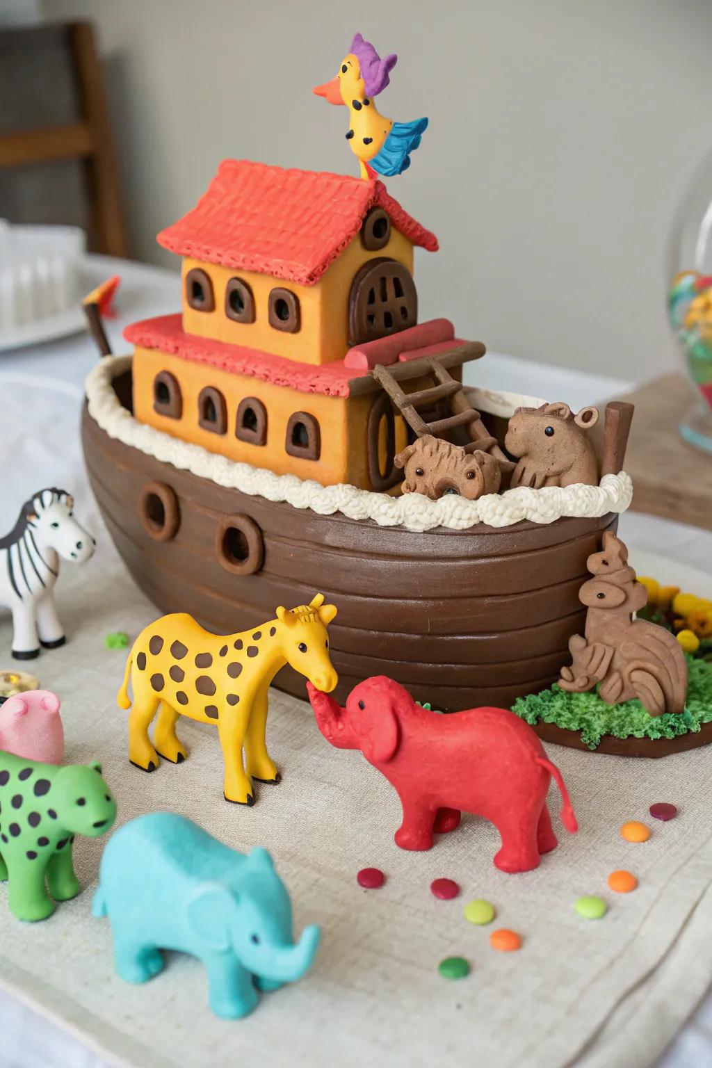 Vibrant clay animals add a playful touch to this centerpiece.