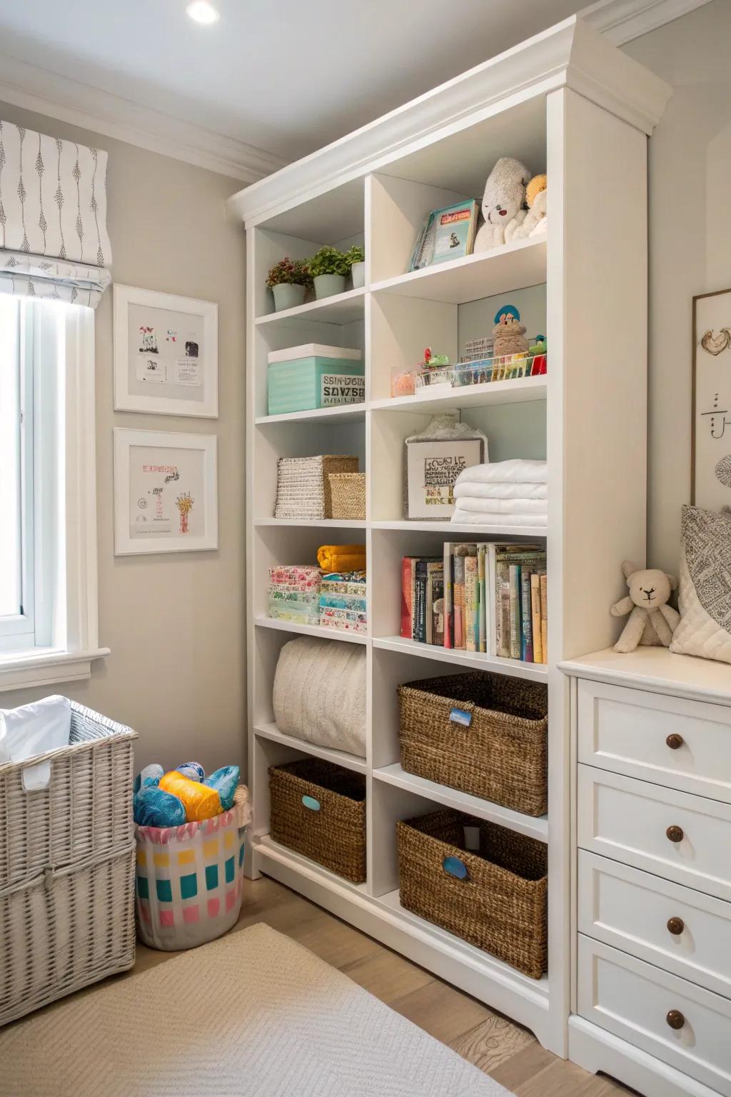 Vertical shelving in a nursery corner maximizes space while adding charm.