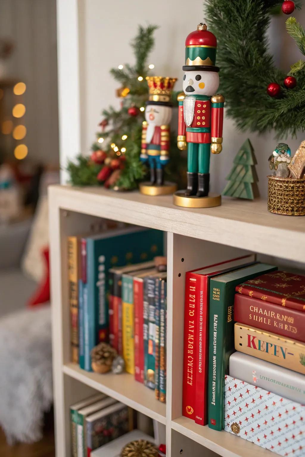 Nutcrackers add personality to a well-decorated bookcase.