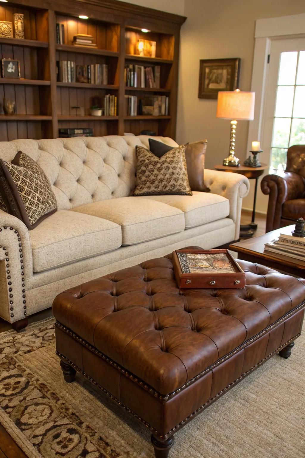 A tufted ottoman adds texture and richness to an oatmeal sofa setup.