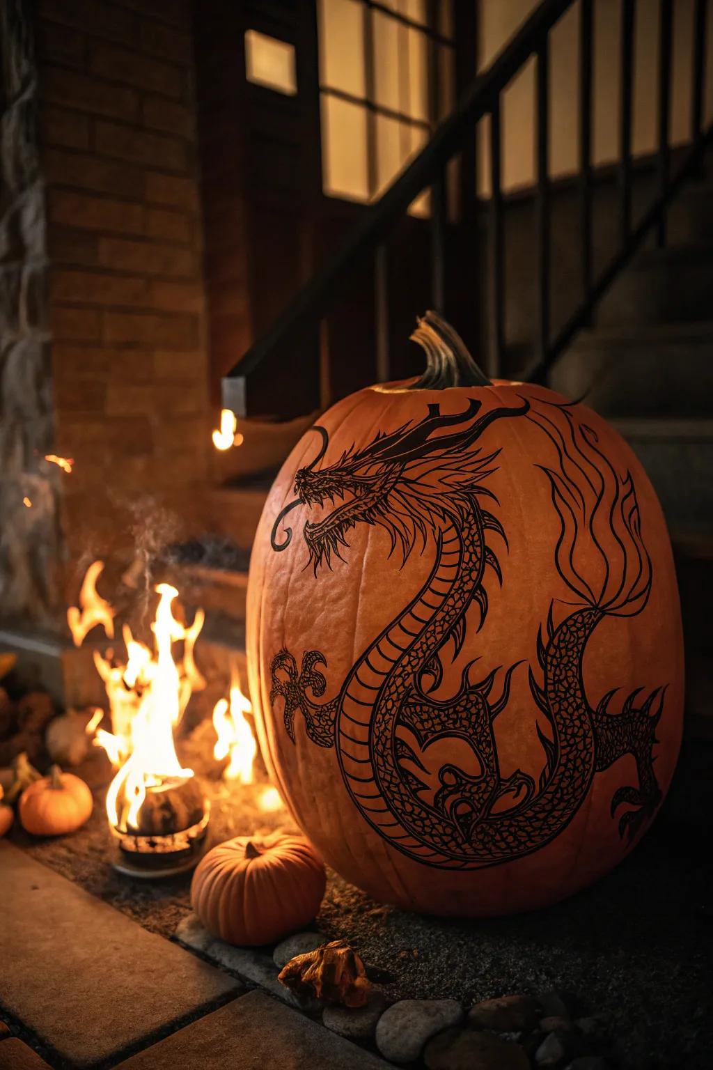 A fierce dragon carved on an oblong pumpkin, perfect for guarding your doorstep.