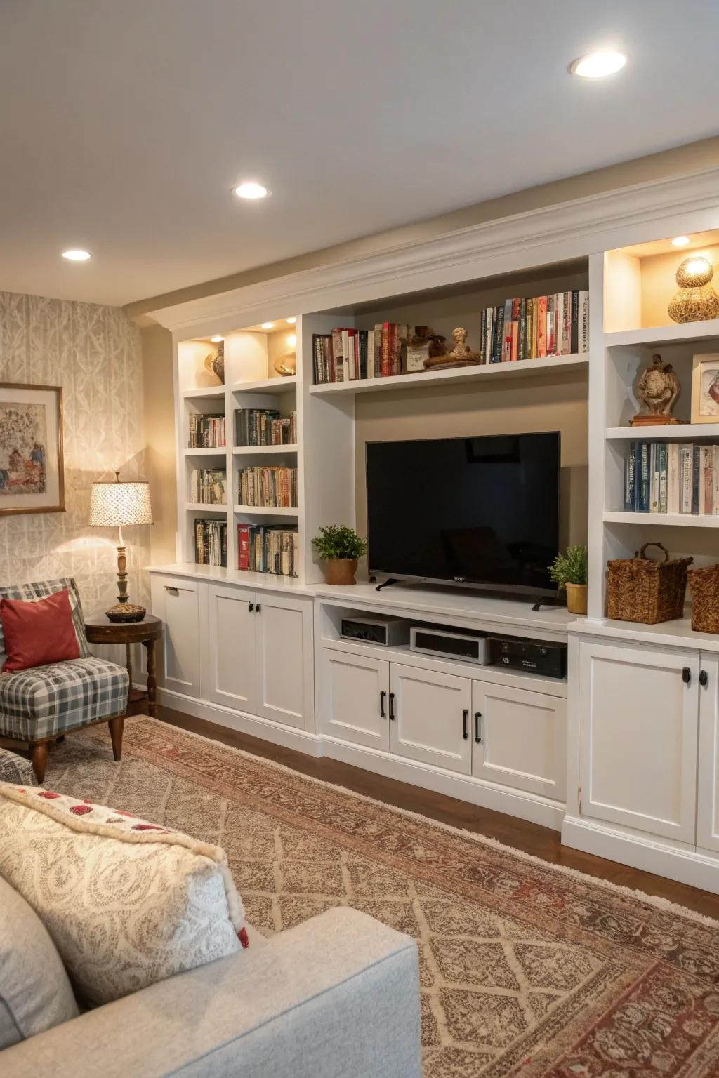 Built-in shelves bring balance to an off-center TV setup.