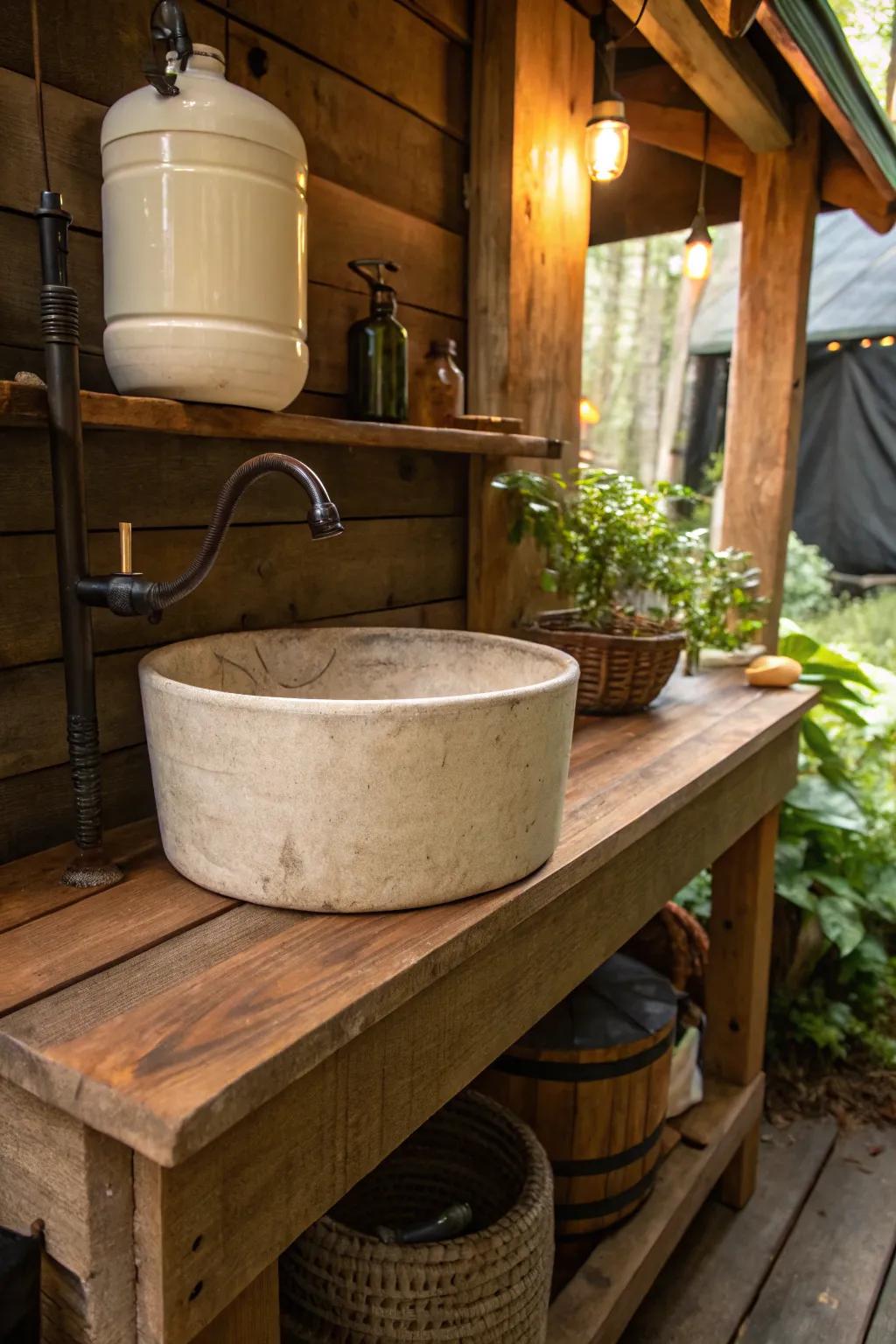 Experience the elegance of simplicity with this handcrafted, gravity-fed sink system, perfect for any off-grid retreat.