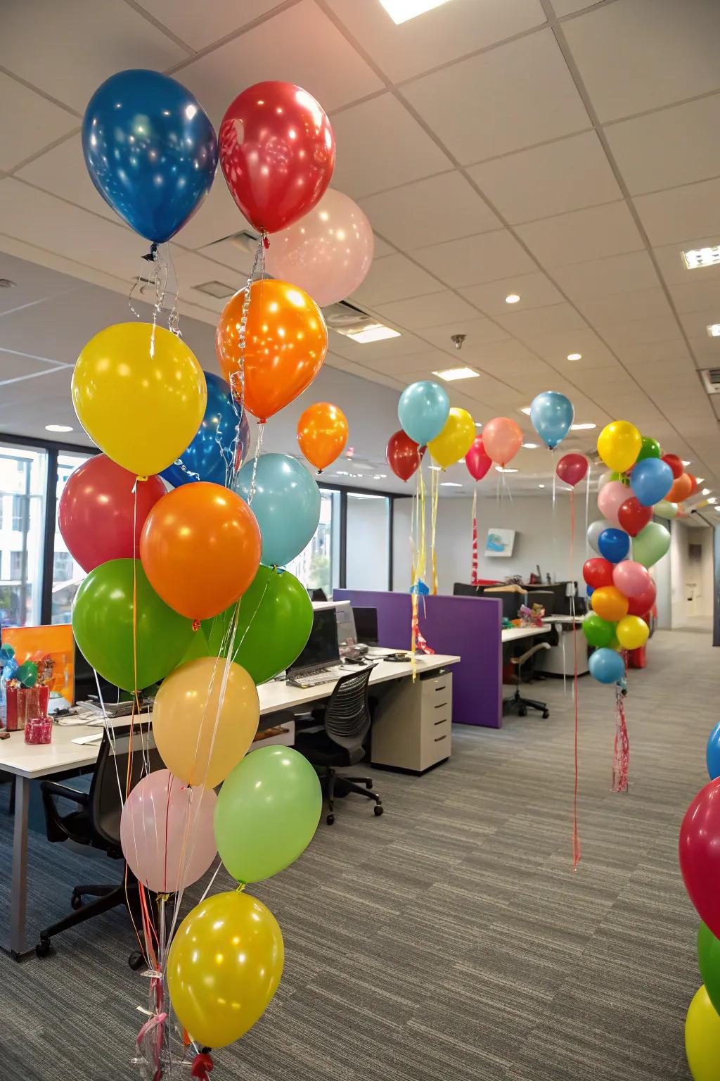 A burst of balloons brings joy to any office space.