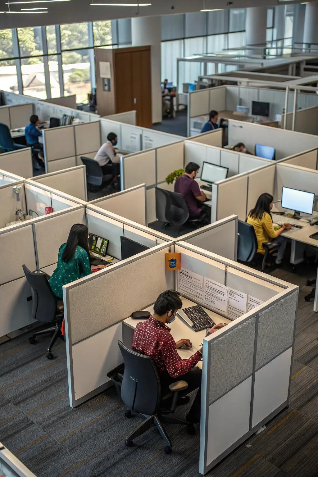 Clustered cubicles offering privacy while fostering team cohesion.