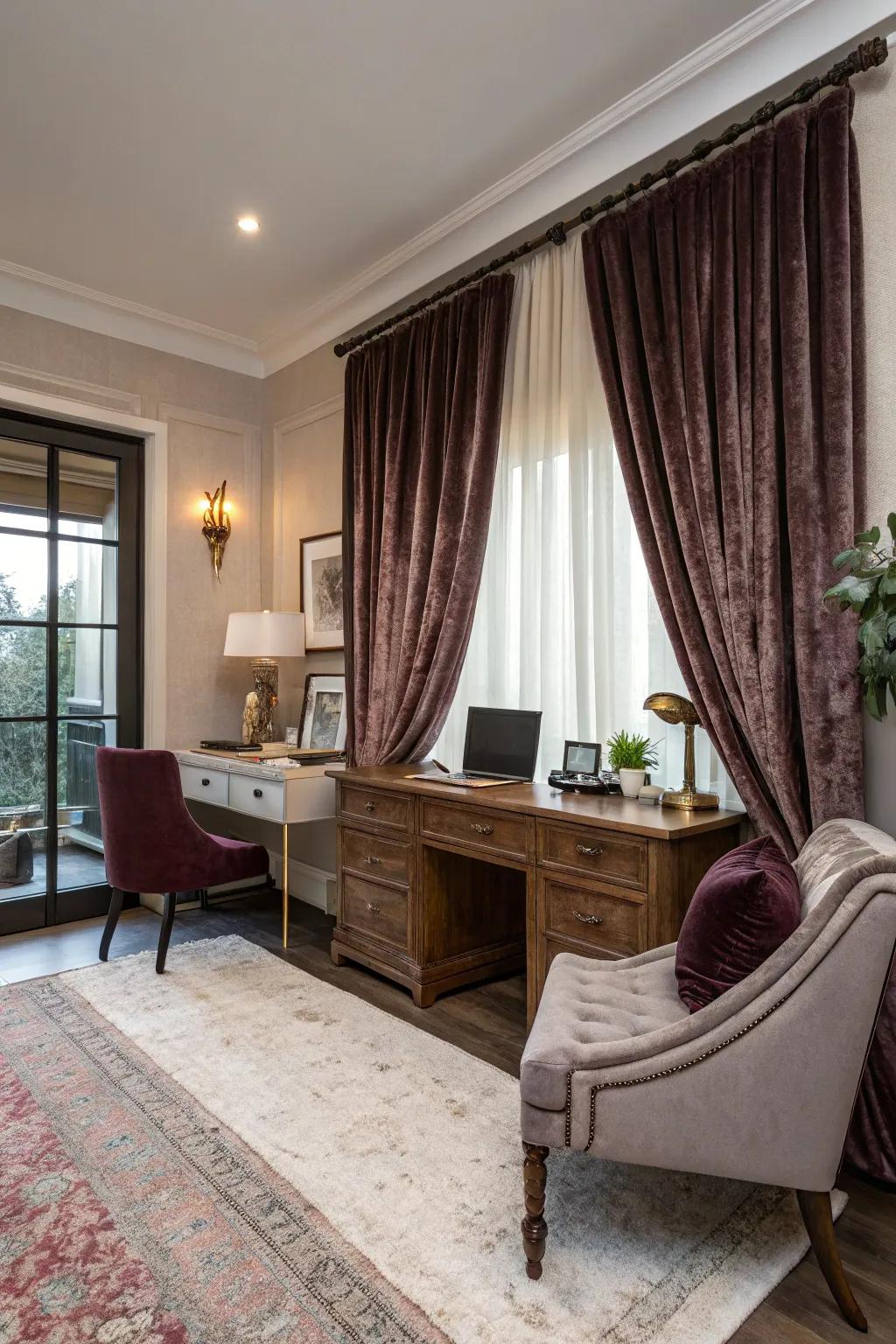 Velvet drapes add luxury and warmth to a home office.