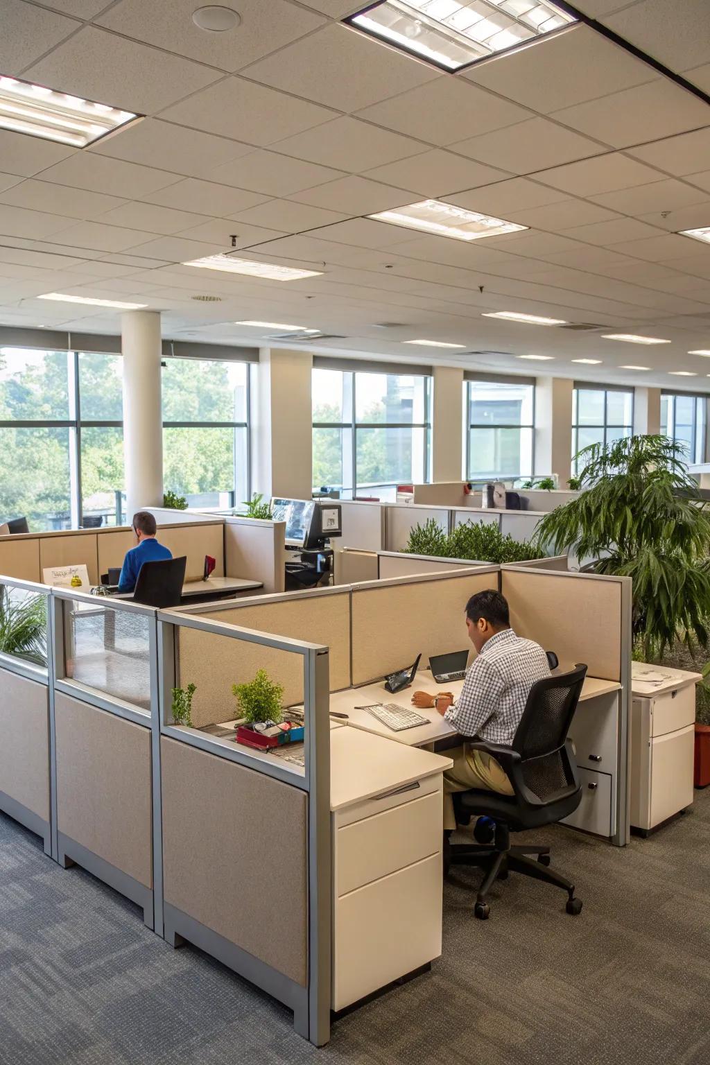 Cubicle layouts offer privacy within an open office setting.