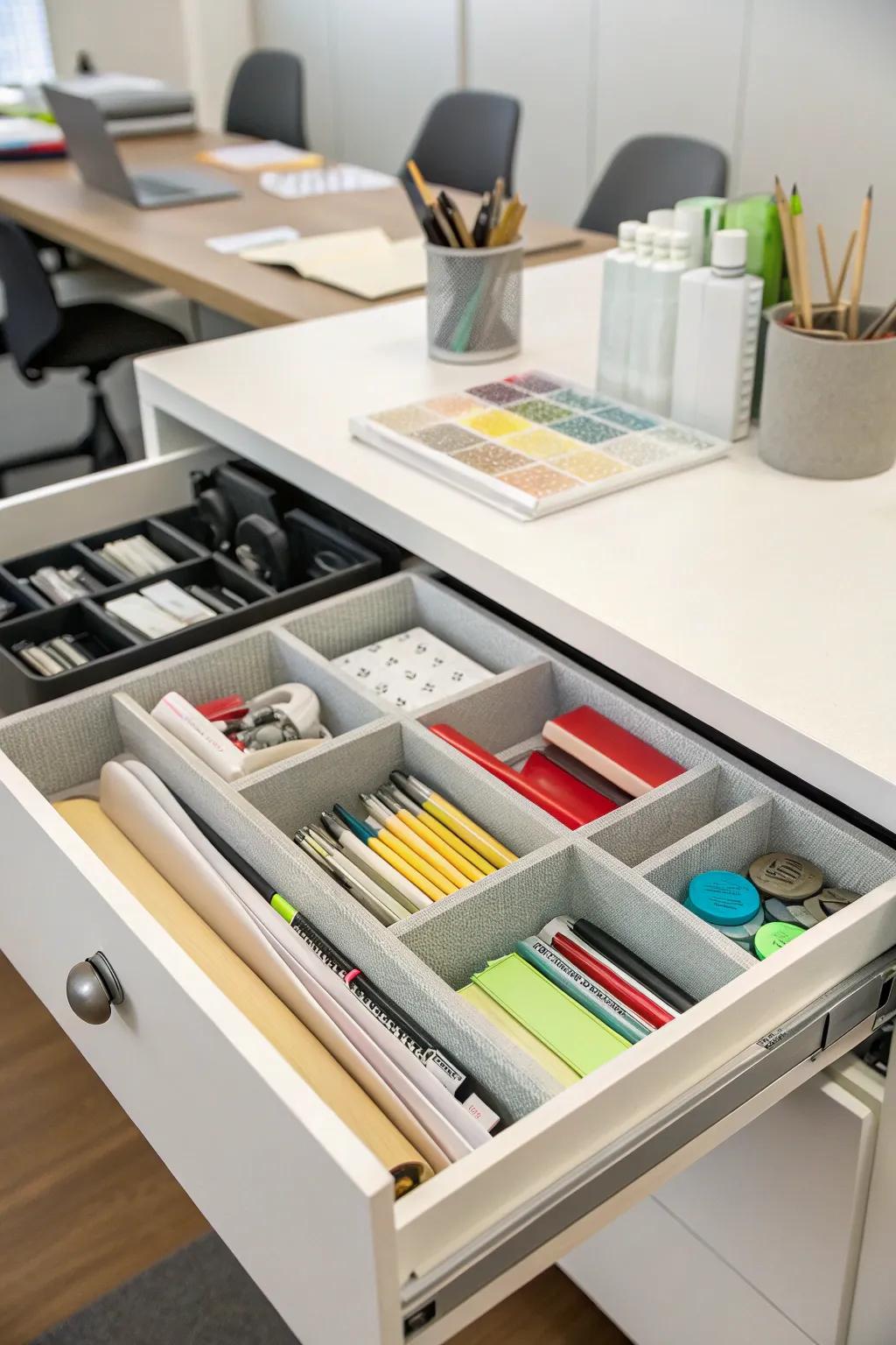 Drawer dividers keep office supplies perfectly organized.