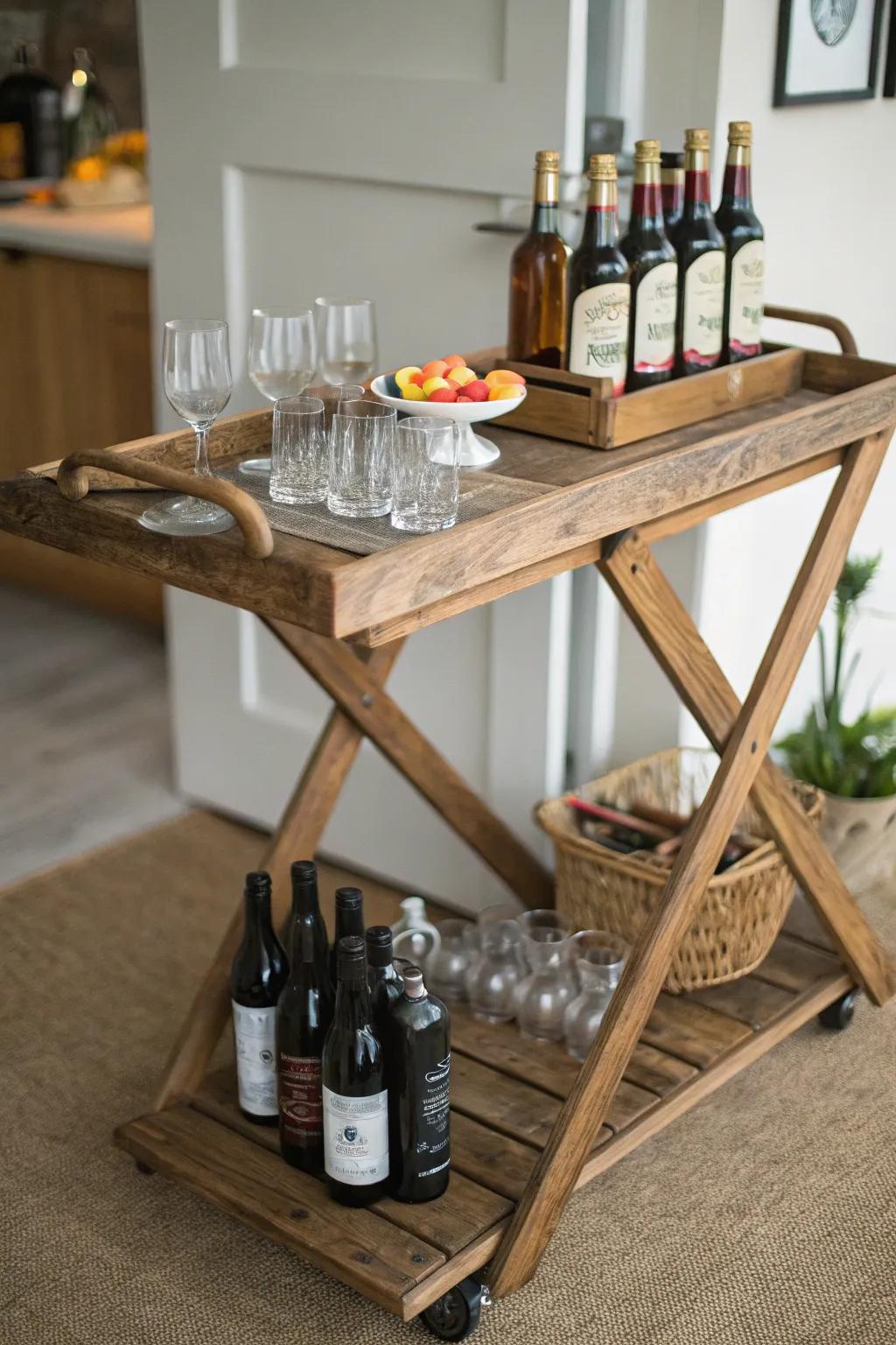 Repurpose your ironing board into a stylish bar cart for entertaining.