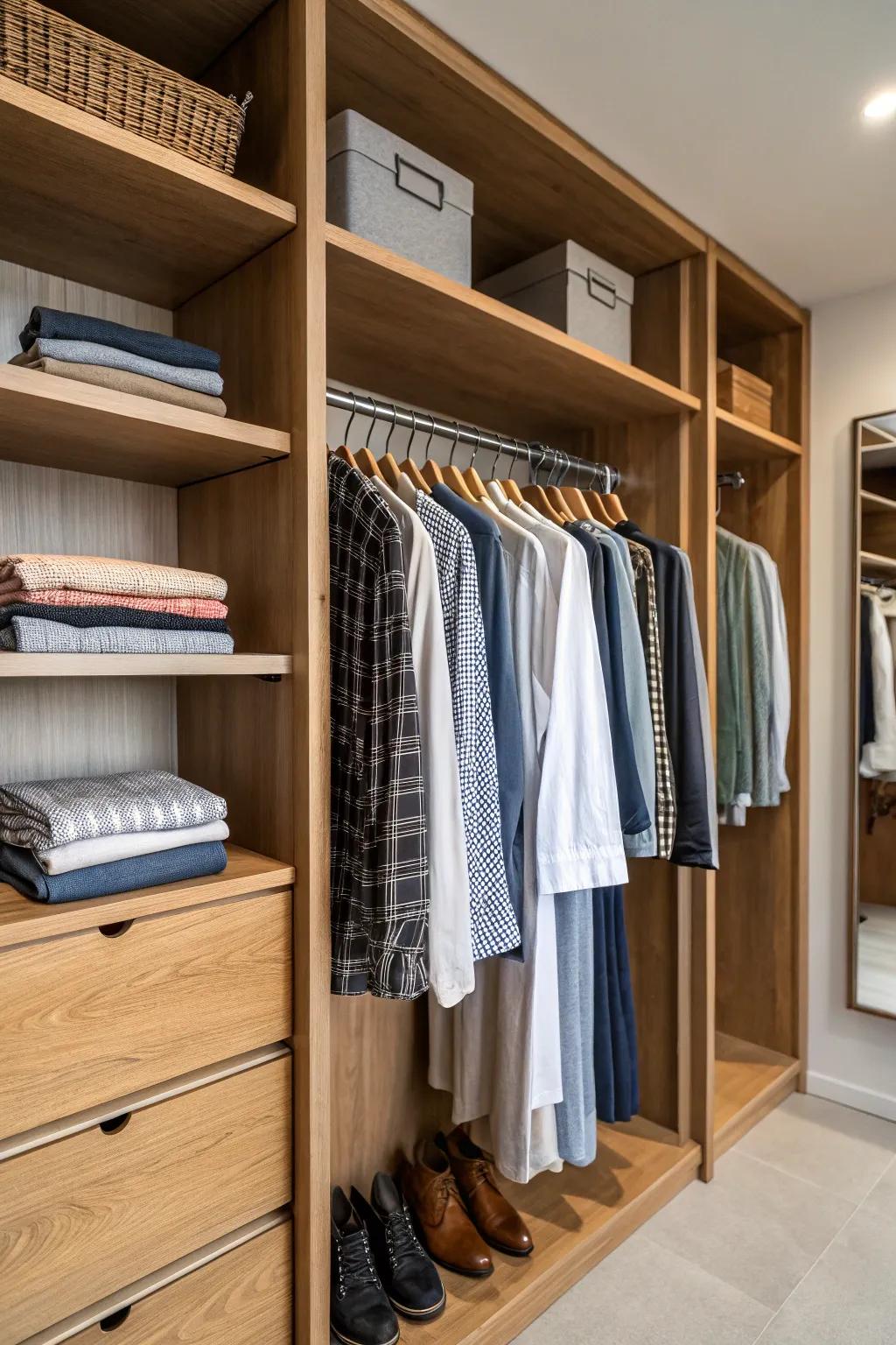 An inviting open closet with natural wood elements.