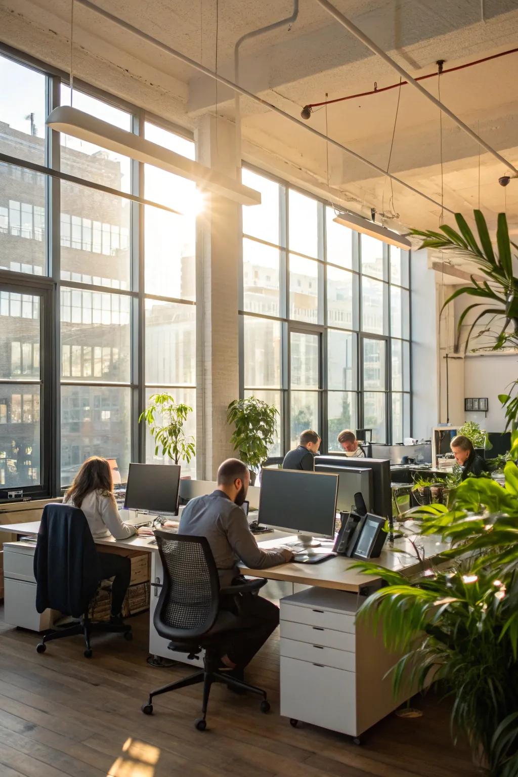 An open office drenched in natural light from large windows.