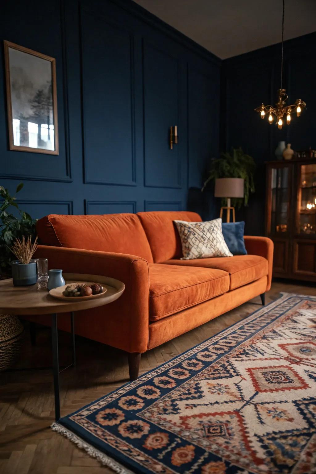 A dramatic setting with an orange couch contrasting beautifully against navy walls.