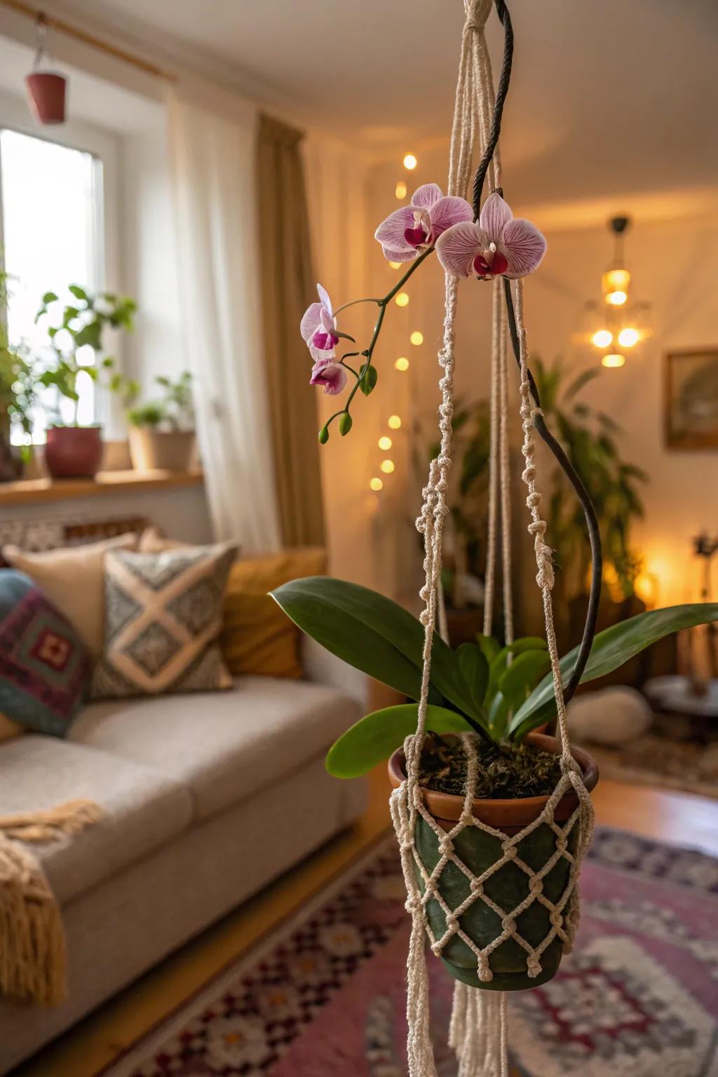 Bohemian elegance with macramé orchid hangers.