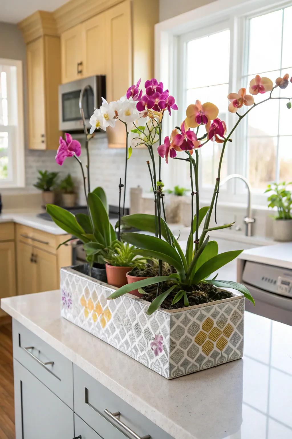 Vibrant orchids in a stylish DIY tile planter box, brightening up a kitchen corner.