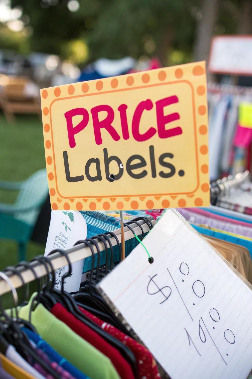 Bright price labels make it easy for shoppers to see item costs.