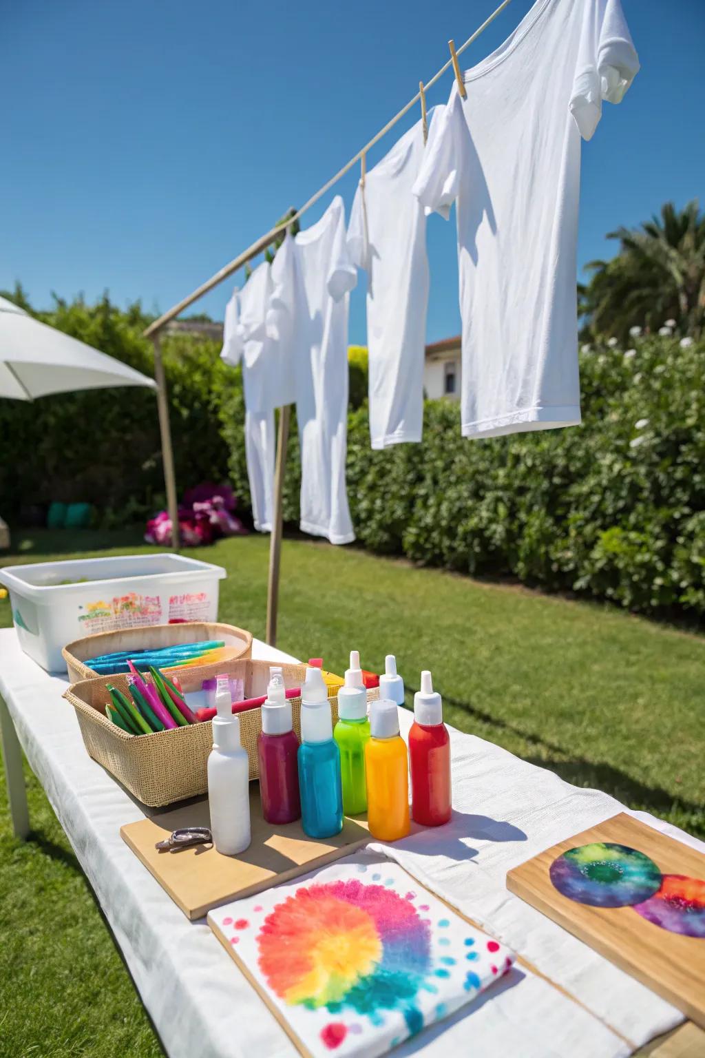 Unleash creativity with a vibrant tie-dye station for guests.