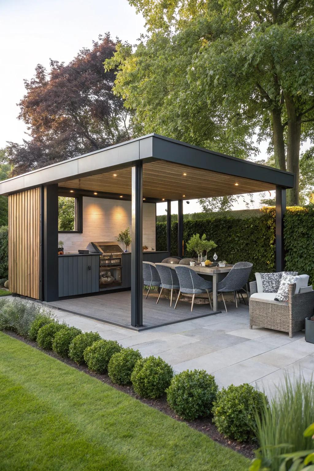 A chic garden building offering a stylish and functional BBQ shelter.