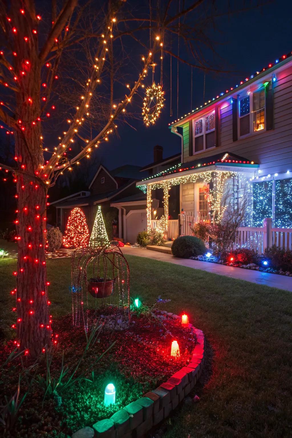 A vibrant display of colorful Christmas lights brings a playful holiday spirit to the home.